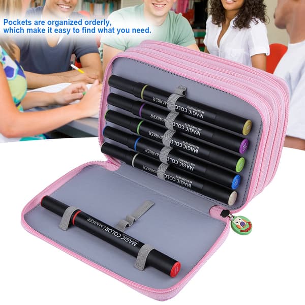 Fargerik pennmappe for studenter - 72 rom, holder for tegningspensler (rosa)