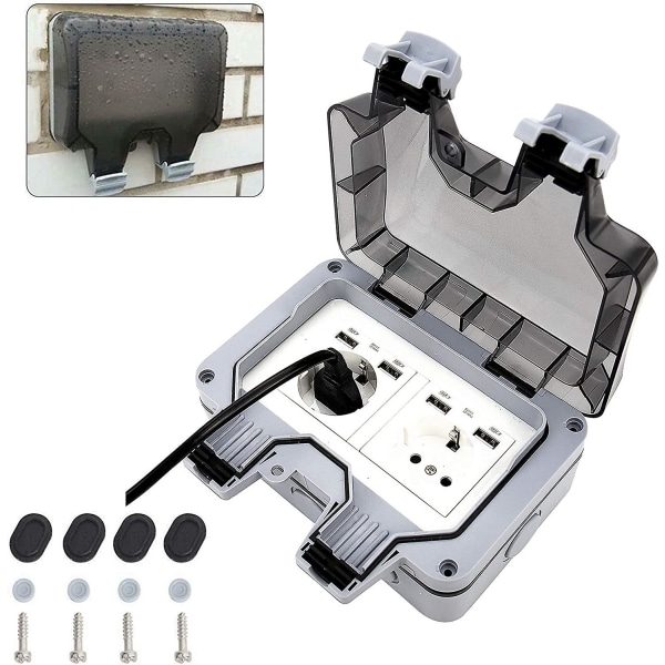 Ip66 dobbeltstik med usb-porte - Vandtæt elektrisk vægstik - Udendørs stikkontakt - Overflademontering - Beskyttelseskontakt