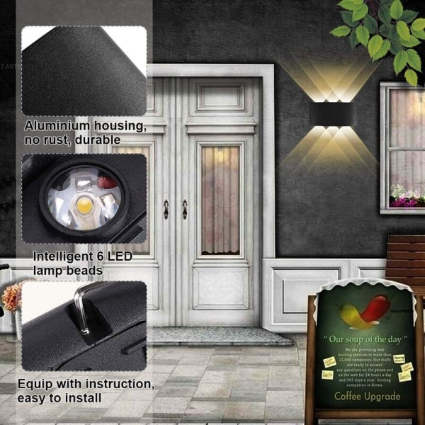 Dubbelt huvud upp och ner vägglampa led-belysning inomhus vattentät utomhus vägglampa-6 huvuden-6 watt svart varmt ljus，Suita