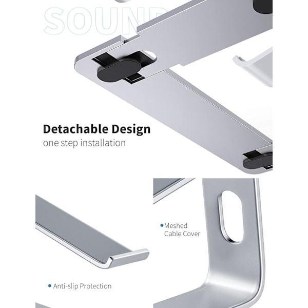 Bärbar datorstativ, datorstativ i aluminium, ergonomisk bärbar datorstativ, metallstativ, passar 10-15,6 tums bärbara datorer (silver)