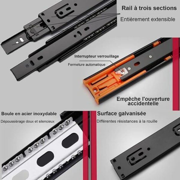 Sæt med 8 skuffeslidser 250 mm, kuglelejeskuffeskydere Blød og lydløs lukning, fuld forlængelsesskyder med dæmper - Loa