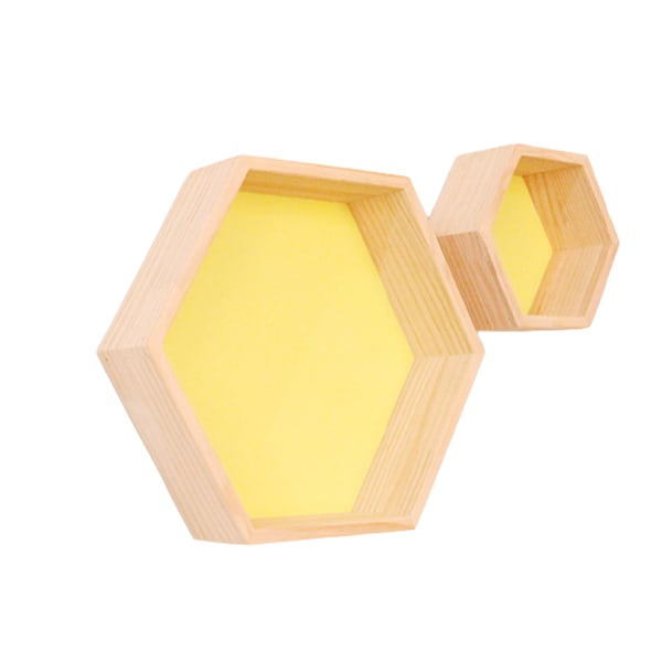 Massivt træ væghylde display hylde, honeycomb sekskantet form (stor, lille, gul)