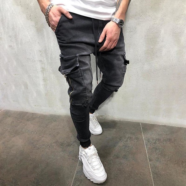 Enfärgade jeans med dragsko för män med dragkedja Skinny byxor Black 2XL