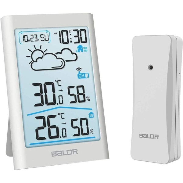 Trådløs vejrstation med udendørs sensor, digitalt termometer, indendørs og udendørs hygrometer, omgivende termometer