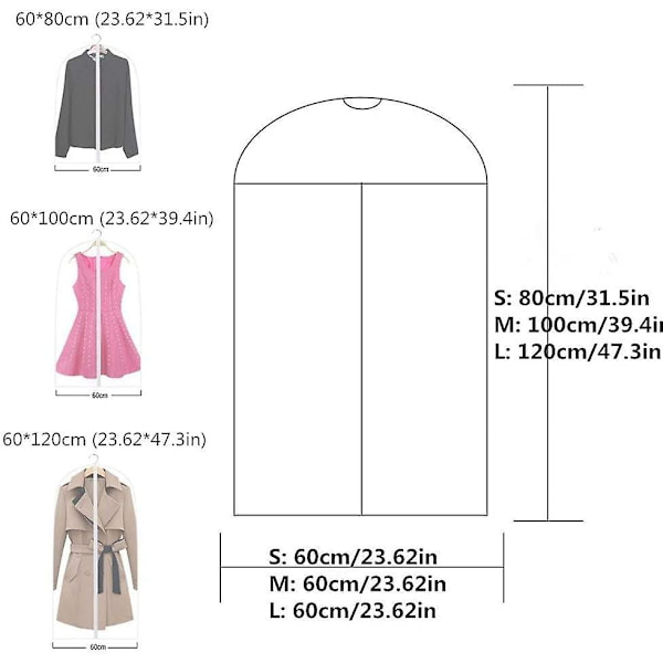 6 Pack Peva-vaatteiden päälliset Pölytiivis Vedenpitävä Hengittävä Cover Täysin vetoketjulla 60cm X 100cm
