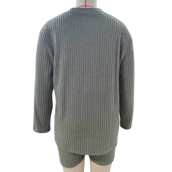 Dame Langærmet Børstet Top Shorts Sæt Rund Hals Elastisk Talje Afslappet Todelt Sæt til Efterår Vinter Olivengrøn XXL