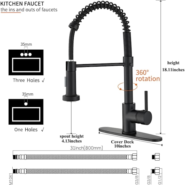 Køkkenarmatur med Pull Down Spray, Solid Messing Sort Fjederbelastet Kommerciel Køkkenvask Armatur med 10" Montering De