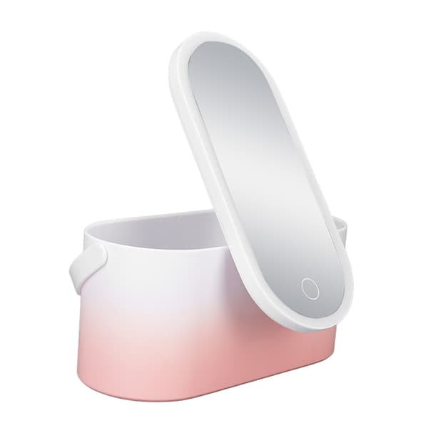 Rosa Gradient Bærbar Foldbar Roterende LED Lys Makeup Opbevaringsboks med Spejl Stor Kapacitet