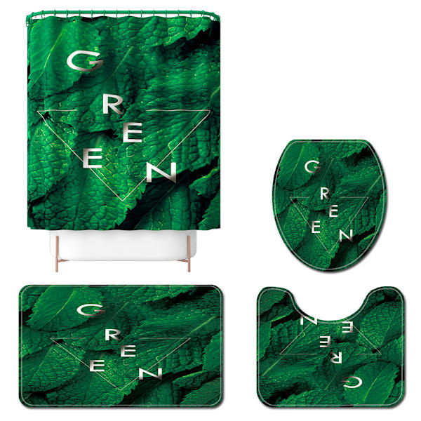 Green Leaf Print Duschdraperi Toalett Golvmatta Fyrdelad matta Golvmatta Vattentät duschdraperi Hänggardin, A,