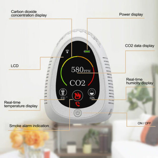 Kuldioxiddetektor, husholdningstermometer og hygrometer, C02-detektor, to i én, (CO2-detektion + temperatur og