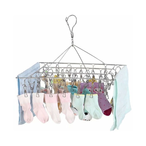 Socktork, torktumlare med 40 vindtäta klämmor i rostfritt stål för strumpor, underkläder, kläder, handdukar (1 hängare)