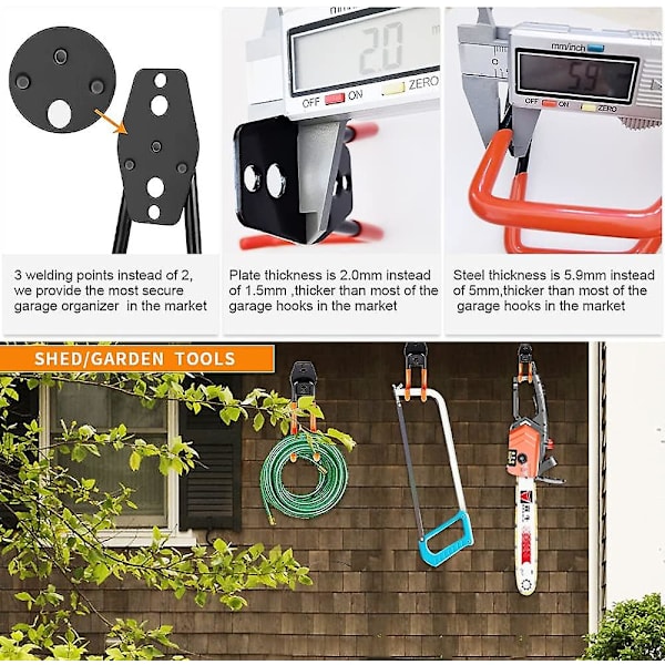 Garage Väggkrok, 8st stål Garageförvaring Utility Dubbelkrok, Garageförvaringskrok för power , stege, stol, sportutrustning (orange)