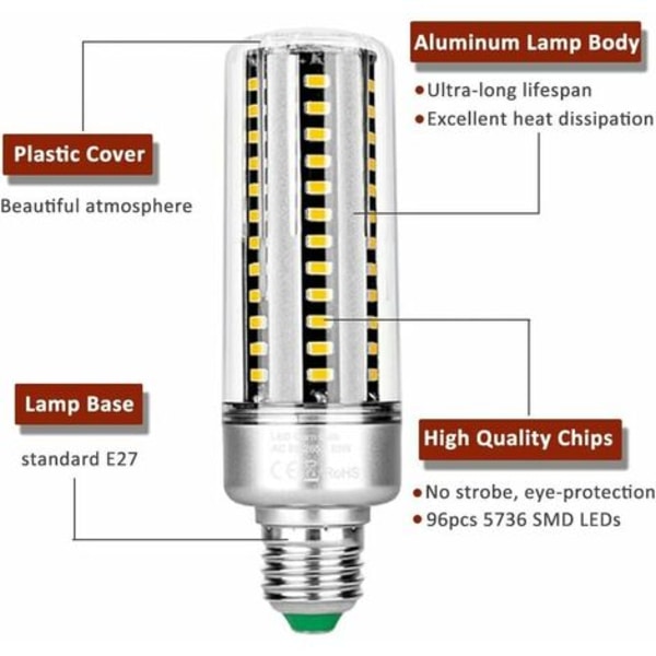 E27 25W LED-lampa varmvit 3000K, 2500LM Hög ljusstyrka, halogenekvivalent 200W glödlampa, ej dimbar, E27 L