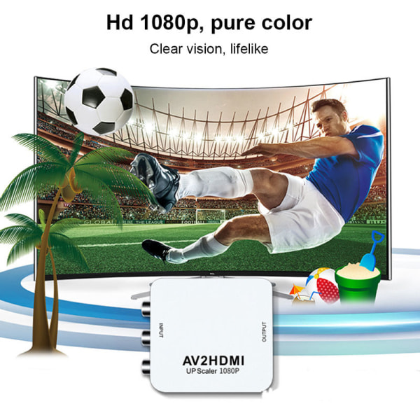 Valkoinen I audio- ja videokomposiittisignaalimuunnin teräväpiirtotelevision LCD-näytön liittämiseen