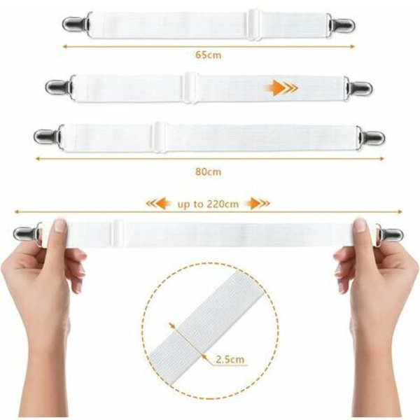Elastisk lagnetstrammer, justerbar fastgørelsesclips til sengetøj, sofa, strygebetræk (hvid, 4-pack, udvidet sektion)