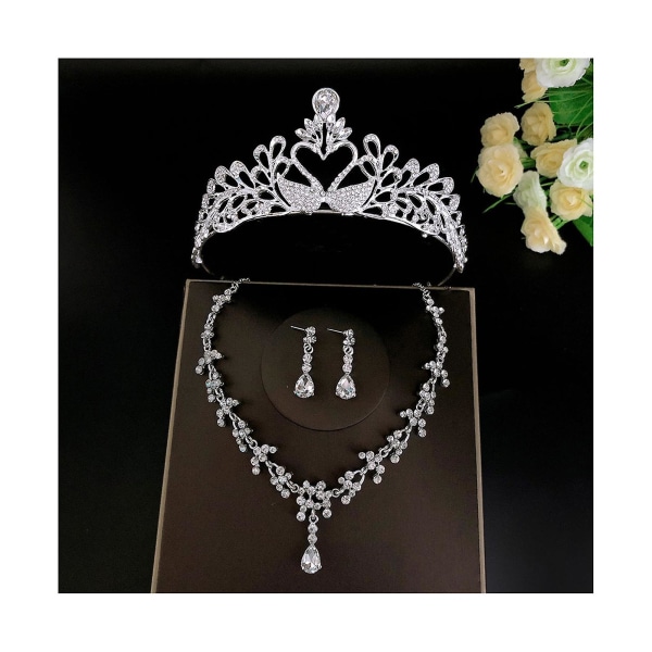 Bröllopsbröllops tiaror Crown Set med örhängen Kit & Necklack Handgjorda lyxiga Crystal hårtillbehör Silver 2