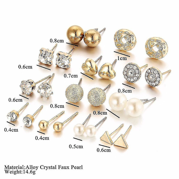 12 par gyldne ørestikker sæt Zircon Peach Heart Triangle Rhinestone øreringe til daglig brug