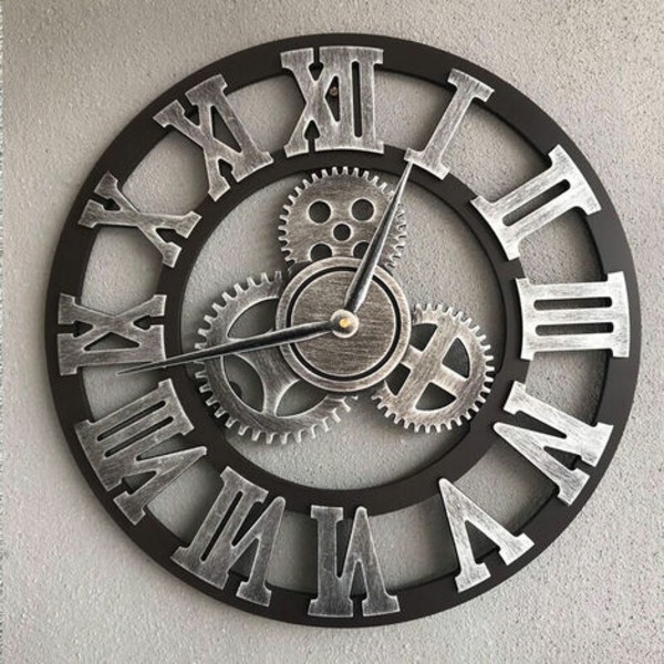 3D Suuri Hiljainen Puinen Seinäkello Retro Klassinen Retro Gear Seinäkello Roomalainen Numerokello Eurooppalainen Steampunk Olohuone
