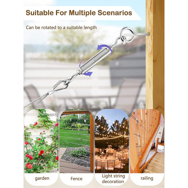 M4 rustfrit stålstrammer, 8 stykker 304 rustfrit stål krog- og øjestrammer, kabelstrammer/stålwirestrammer, Strammere til tøjsnor, C