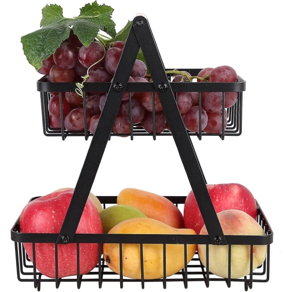 2-lags frugtkurv i metal, aftagelig frugtkurv frugtholder, dekorativ frugtstativ, frugtstativ til køkken, frugtskålsstativ med træhåndtag (b