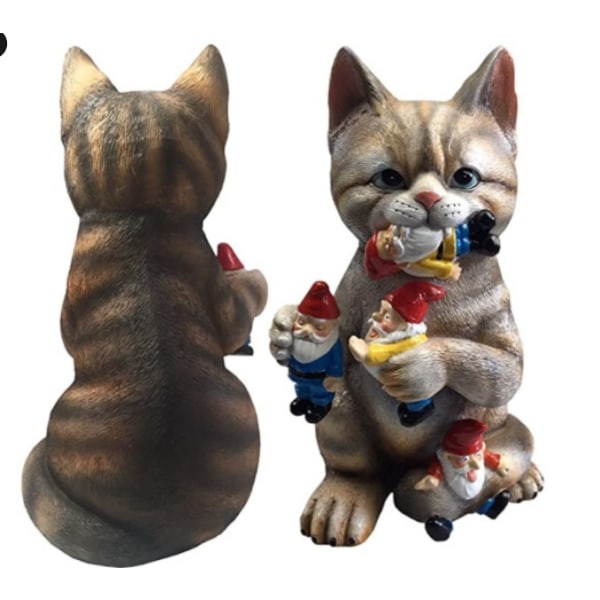 Cat Garden Gnome Resin Jurassic Dinosaur Statue Äter Gnome Garden Art Ornament Dekoration (randig katt modell A)