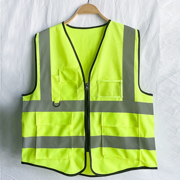 Sikkerhedsreflekterende vest til byggeri, industri, bygning, vej, vejtrafik, lynlåslukning, multi-lomme design - Grøn