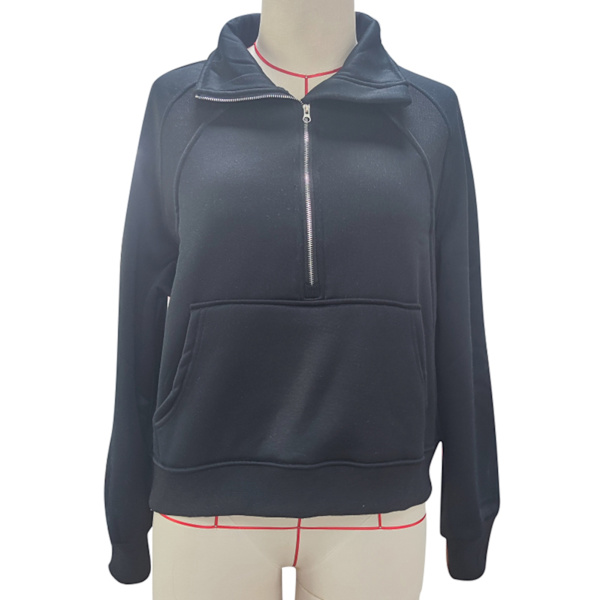 Dame Langærmet Pullover Nedfaldskrave Halv Lynlås Stor Frontlomme Afslappede Løse Bluser Sort M