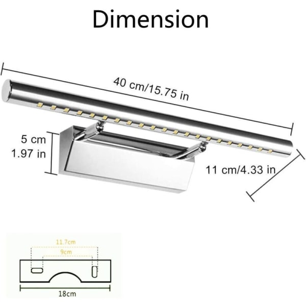 5W med strömbrytare 40CM längd rostfri spegel LED-strålkastare badrum sovrum toalett spegel ljus vitt ljus，Lämplig