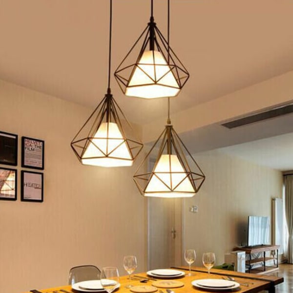 Nordic Modern Pendel Lysekrone Diamantform Lampe E27 Loftslampe til Soveværelse Stue Bar- Sort - Sort