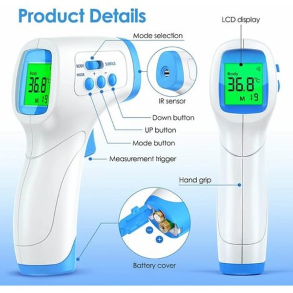 Voksen pandetermometer, medicinsk pandetermometer med LCD-skærm, berøringsfrit termometer til baby-barn voksen