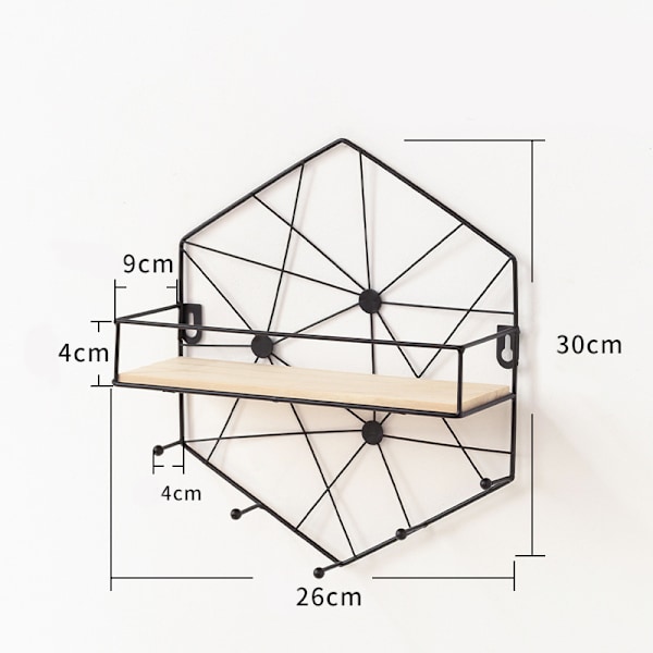 Kuusikulmainen riippuva rei'ittämätön seinähylly - musta 26*9*30cm,
