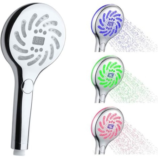 LED-suihkupää, LED-suihkupää digitaalisella LCD-lämpötilanäytöllä, 3 väriä vaihtava suihkupää, kromi kädessä pidettävä Sh