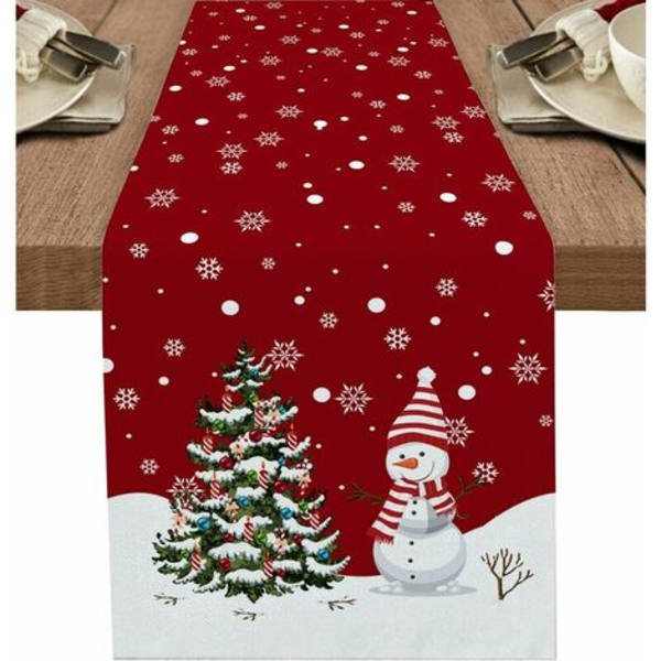 Glædelig jul bordløber 90 tommer lang vaskbar burlap linned bordsamling til spisning, fest, middag, ferie, C