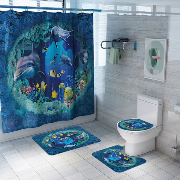 Dolphin printed duschdraperi Vattentät skiljevägg Duschdraperi Fyra delar badrum,