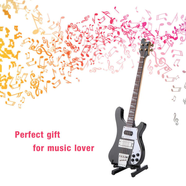Miniatyr sort basguitar replika med stativ og etui - perfekt gave til musikelskende