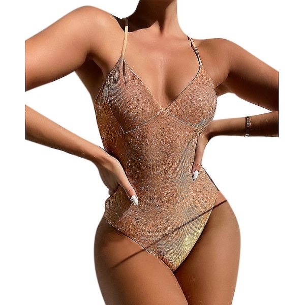 naiset Glitter Shiny Monokini Swimsuit Push Up One Piece Swimwear uimapuku Gold XL