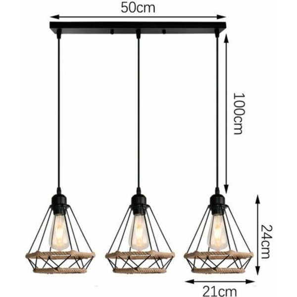 Industriell taklampa Sovrum Vardagsrum Kök E27 Hamprep Ljuskrona Retro Hembelysning 3 Lampor - Svart