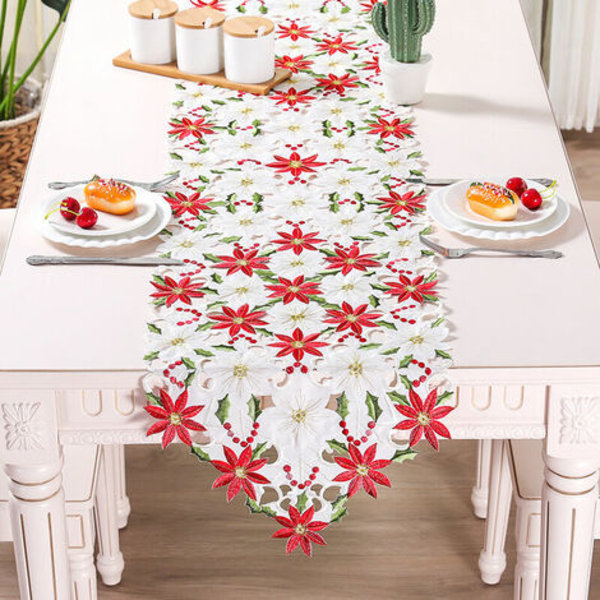 15 x 70 tommer julebordløber broderet rød bordløber bordlinned til juledekorationer