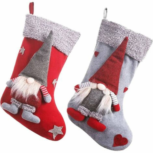 2 pakke julestrømper med 3D hr. og fru svenske Gnome Tomte Nisse parholdere med plys manchet gaveposer til børn
