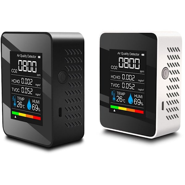CO2-detektor Luftkvalitet CO2/HCHO/TVOC/TEMP/HUMI-detektor Temperatur fugtighedstester Kuldioxid-monitor Sort til C