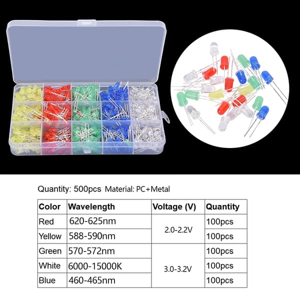 500 stk. 5 mm LED-lysdiode Assortert sett 5 farger Elektroniske komponenter
