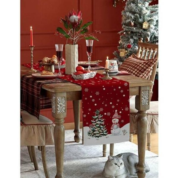 Merry Christmas Table Runner 90 tum lång tvättbar säckväv linnebordssamling för middag, fest, middag, semester, C