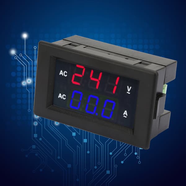 Digital LED voltmeter/strømmåler - AC 100-300V, 0-10A (rød/blå)