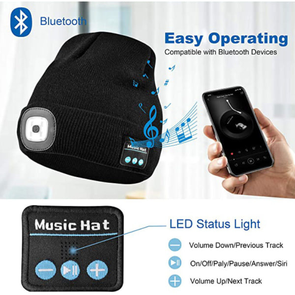 Lysande trådlös musik bluetooth mössa, inbyggda stereohögtalare och mikrofon, USB uppladdningsbar LED lysande stickad