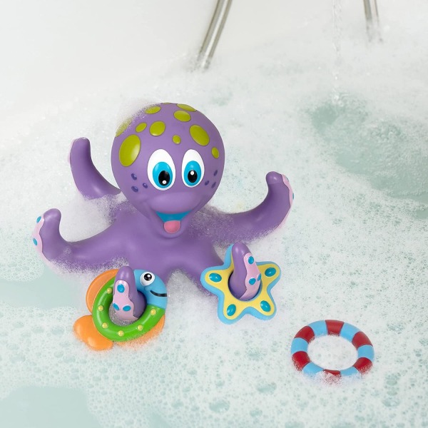 Interaktiivinen kylpylelu: Kelluva violetti mustekala 3 Hoopla-renkaalla