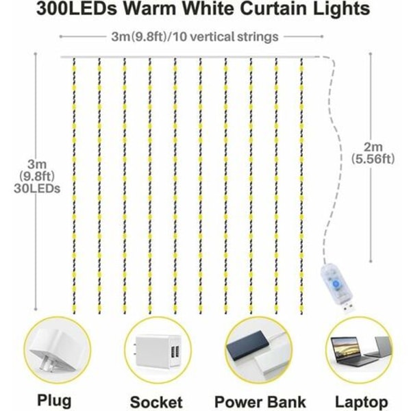 Gardinljus, 3x3m Gardinljus 300 LED Vattentät IP65 Bröllopsgardinljus, 8 ljuslägen, Timer Fjärrkontroll