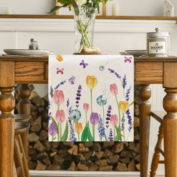 Laventelin tulppaanin kevätpöytälenkki, kesäkauden syntymäpäiväjuhlakeittiön pöytäsisustus ulkokäyttöön sisätilojen kotijuhlakoristeluun 13" x 72"