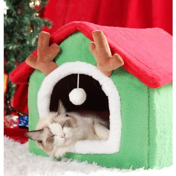 Christmas Cat House Vindtätt Cat Cave Nest Söt jul varm kattsäng för vintern Bekväm katthussäng（grön）