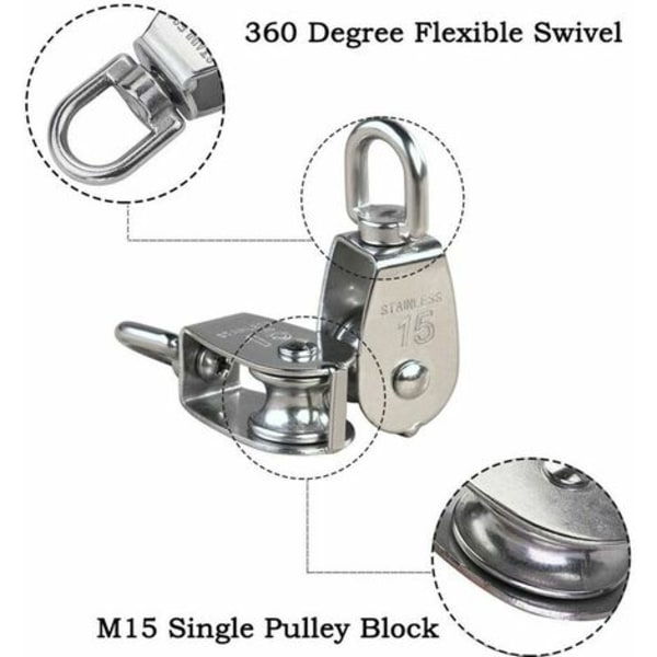 M15 304 rustfrit stål enkelt remskive, 15 MM enkelt remskive blokrulle, kran-drejelig krog Glat wire-reb Kabelbelastning