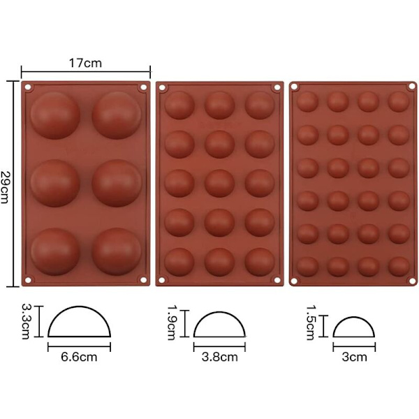 3 stk halvkugle silikoneform chokoladekugleform forskellige størrelser slikforme 6 hulrum 15 hulrum 24 hulrum